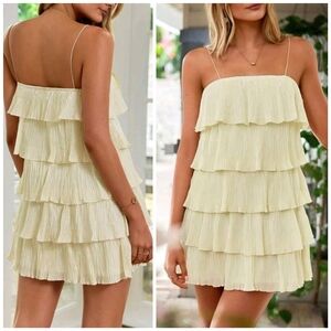New Chic Pleated Layered Short Cami Dress Ivory Cream Beige
